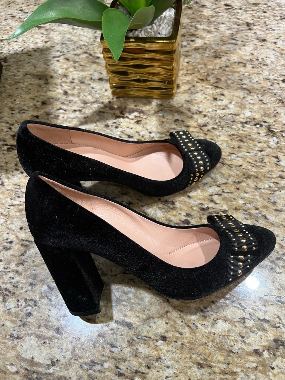 JCrew Black Velvet Gold Studded Round Toe Block Heel Pumps 9